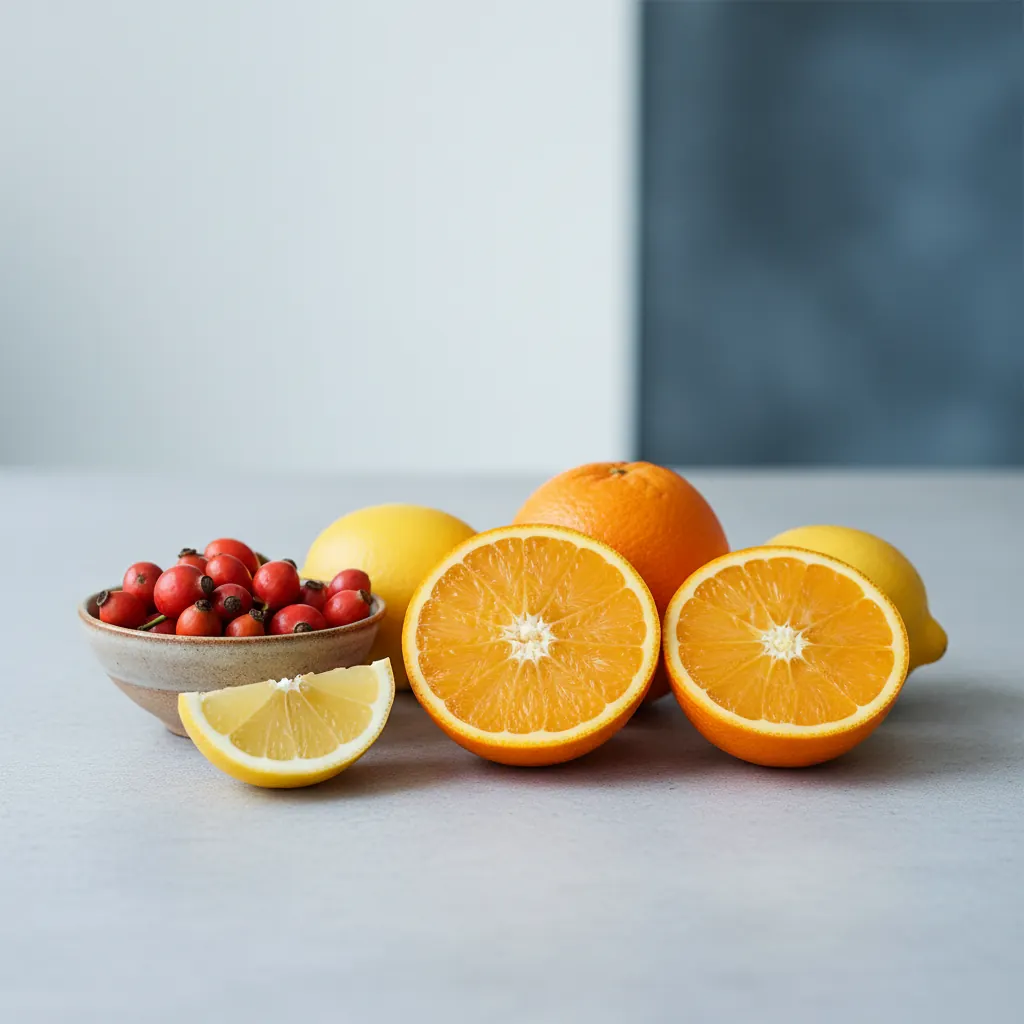 Verse sinaasappels, citroenen en rozenbottels op een lichte stenen ondergrond, rijk aan vitamine C