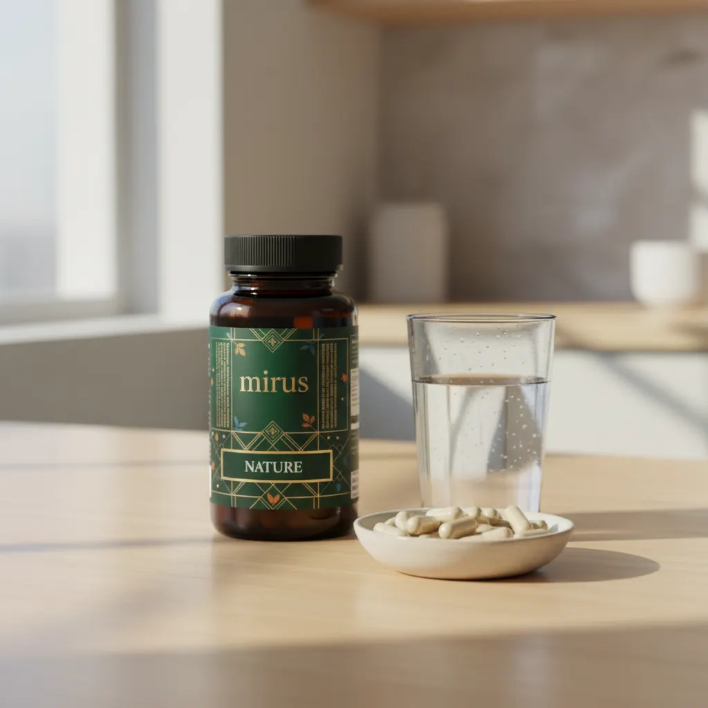 Mirus apothekersfles op een helder verlicht keukentafelblad naast een glas water en een klein schaaltje amandelen